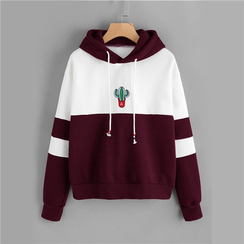 Drawstring Color Block Cactus Embroidered Hoodie