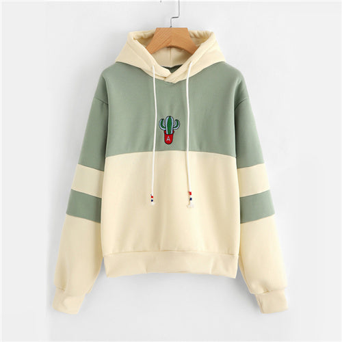 Drawstring Color Block Cactus Embroidered Hoodie