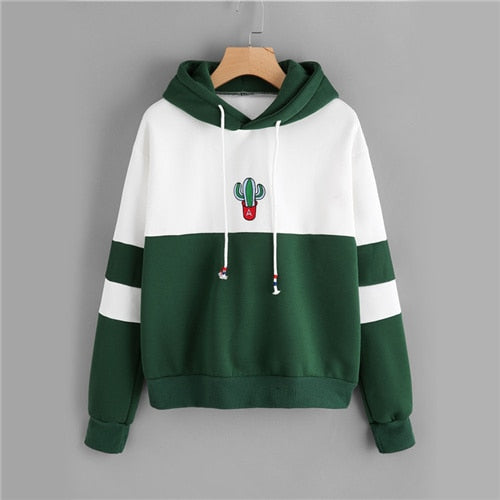 Drawstring Color Block Cactus Embroidered Hoodie