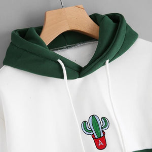 Drawstring Color Block Cactus Embroidered Hoodie